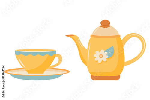 Teapot with mug. Tea drinking symbol. Vector illustration isolated on white background
