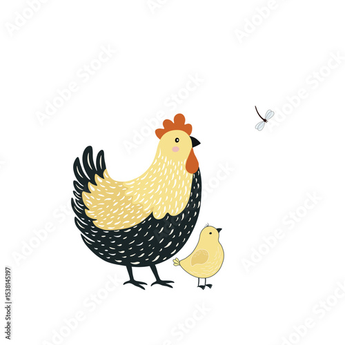 Illustration of funny cartoon chickens and butterfly on white background