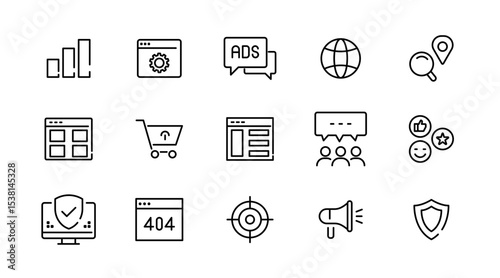 Website linear icon set. SEO, internet, web design, hosting, server, homepage, e-commerce, search, homepages, media, web, contact, outline vector icon set. UI thin line icon pack.