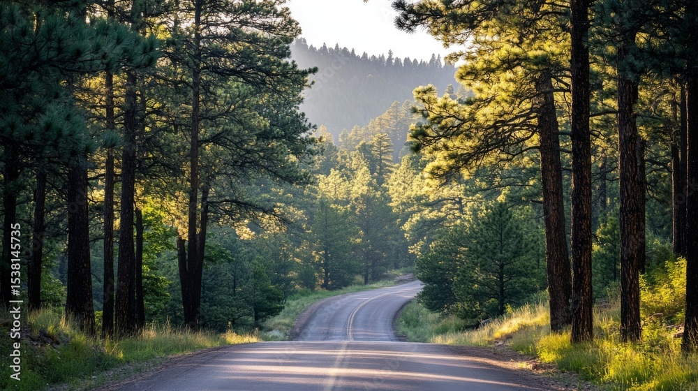 Fototapeta premium A picturesque scene of a mountain road framed by towering pine trees, with sunlight filtering through the branches, creating a serene and inviting atmosphere.
