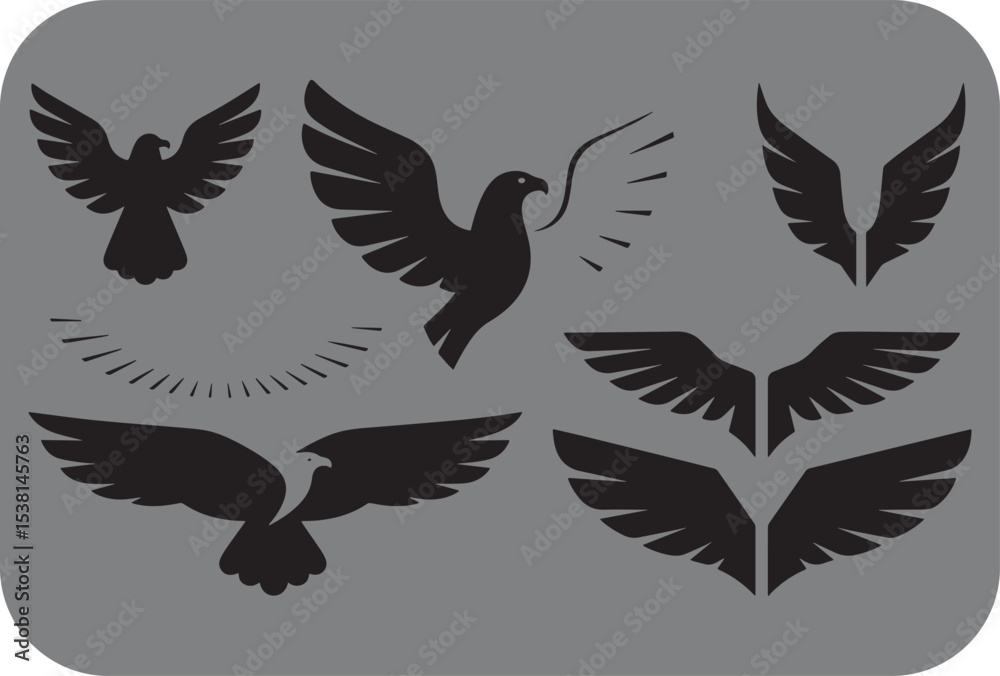 Obraz premium Collection of black bird and wing silhouettes for logo design