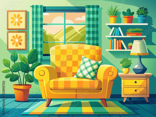 vector of Bright living room interior with a yellow checkered armchair and pillows and a ceramic vase with green flowers next to the sofa.