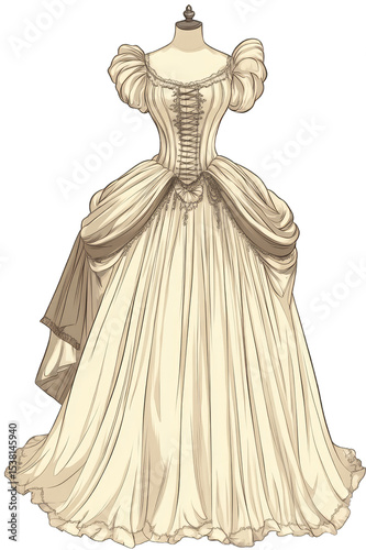 A beautiful illustration of a classic European dress. Elegant old-fashioned European fashion