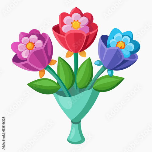 Stylized bouquet of colorful flowers in a vase on white background