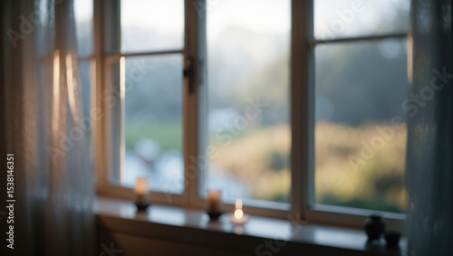 A blurry dreamy simple view of the outdoors through an indoor window.