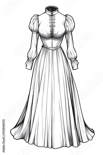 A beautiful illustration of a classic European dress. Elegant old-fashioned European fashion