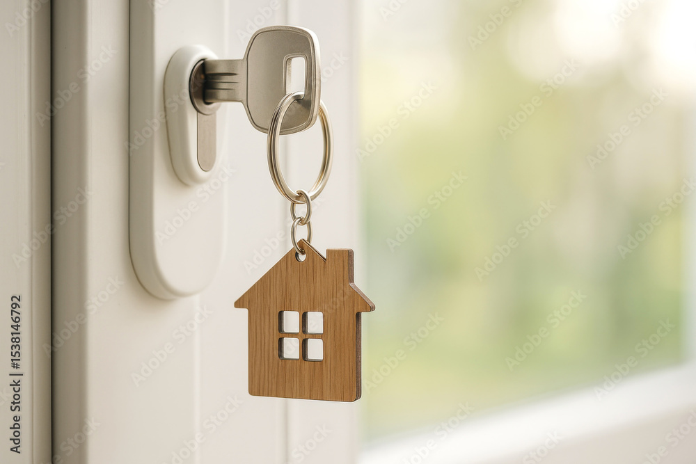 Fototapeta premium Real Estate Ownership Key Concept Residential Property Access Closeup Image Home Security Key Chain Success Story