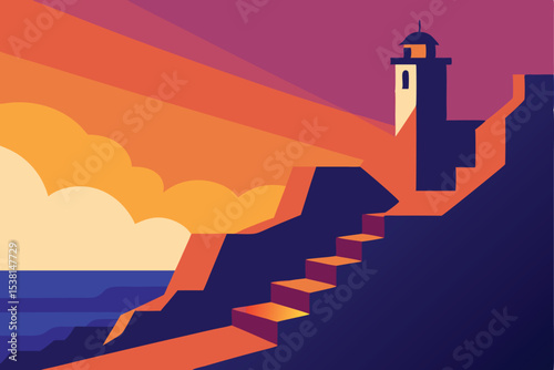 Lighthouse on Cliffside Steps Overlooking Ocean at Sunset Illustration Painting