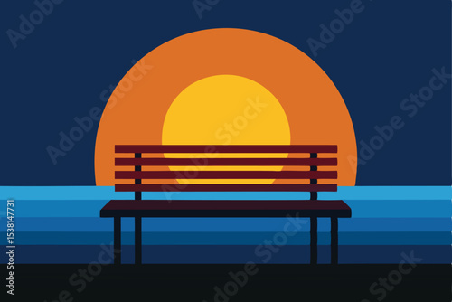Minimalist Landscape Bench Overlooking the Water at Sunset, Art Illustration Style