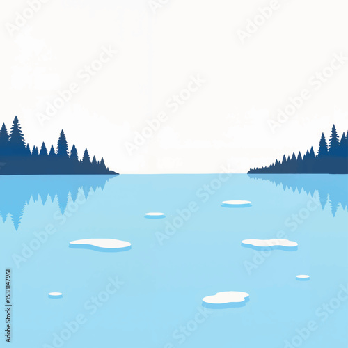 Serene frozen lake surface with pine trees, calm winter landscape