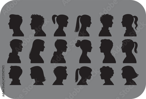 Collection of diverse profile silhouettes men and women various hairstyles