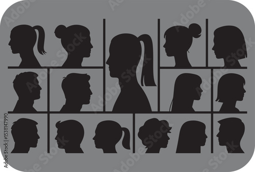 Collection of diverse profile silhouettes men and women various hairstyles