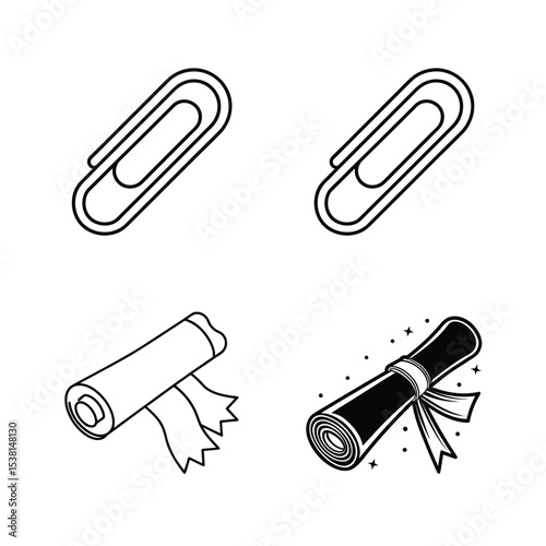 Simple black and white drawings of paperclips and graduation diploma scrolls in outlined style