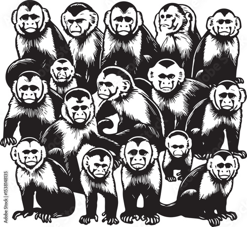 Capuchin Monkey Simple Black and White Vector Illustration