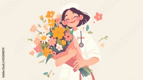 Nurse Holding a Bouquet of Flowers