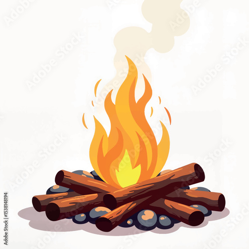 Vibrant campfire flames rising above logs on white background, warmth