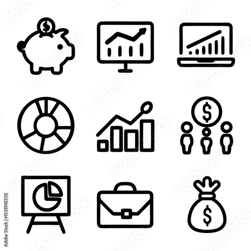 Collection of business icons including graphs charts and money related symbols