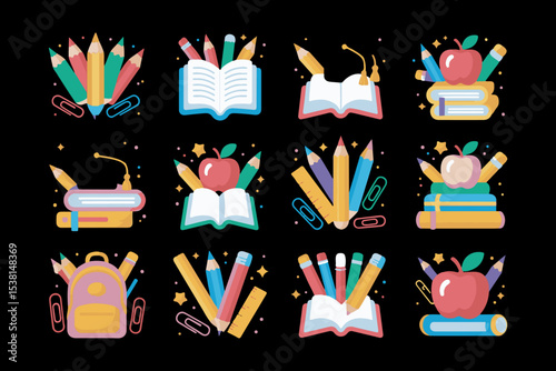 Colorful School Supplies Icons Books Pencils Apple Backpack