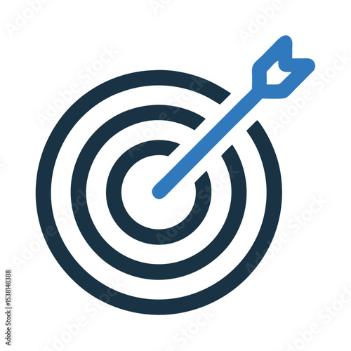 A blue arrow hitting the center of a dark target with concentric circles on white background