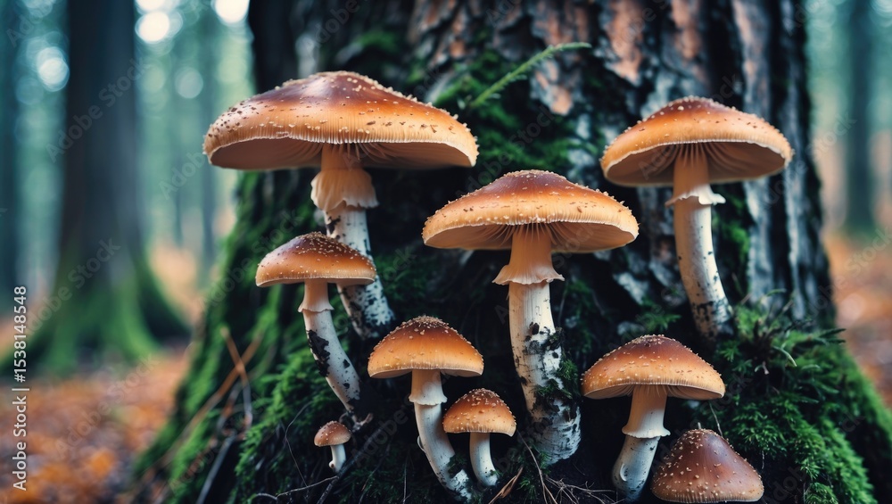 Fototapeta premium Forest Mushrooms Growing On Tree Trunks. Close-Up Photography