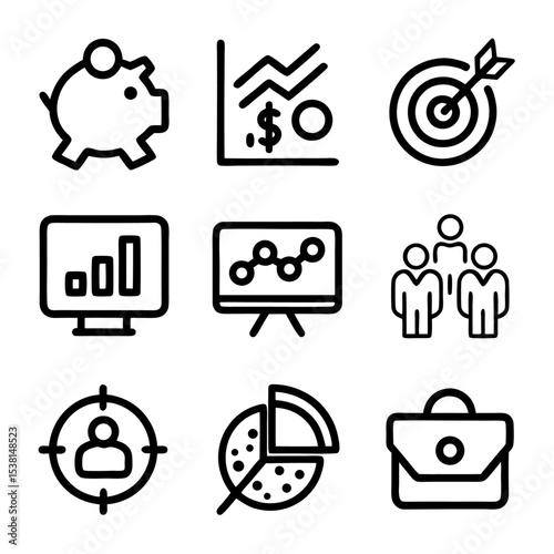A collection of business and finance icons including charts targets and teamwork items