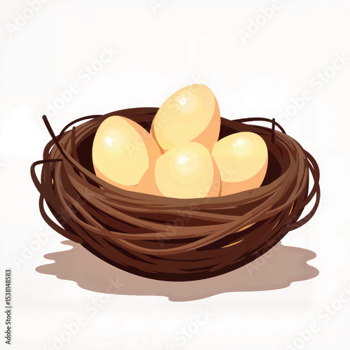 Illustration of bird nest with eggs on white background, nature symbolism
