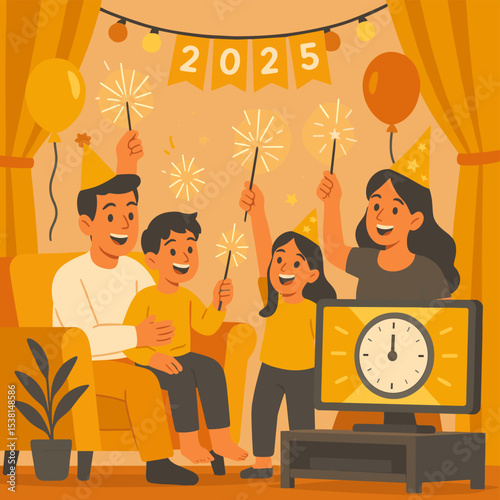 Flat style vector illustration of a happy family celebrating New Year’s Eve together at home with sparklers, party hats, countdown clock, and cheerful decorations, creating warm, joyful, and festival