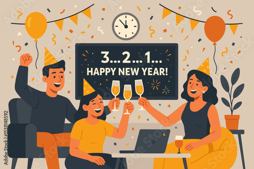 Flat style vector illustration of a happy family celebrating New Year’s Eve together at home with sparklers, party hats, countdown clock, and cheerful decorations, creating warm, joyful, and festival