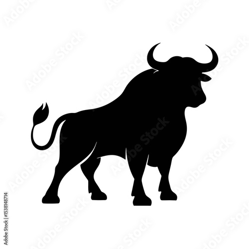 A silhouette of a bull standing with its tail curled up and horns facing forward
