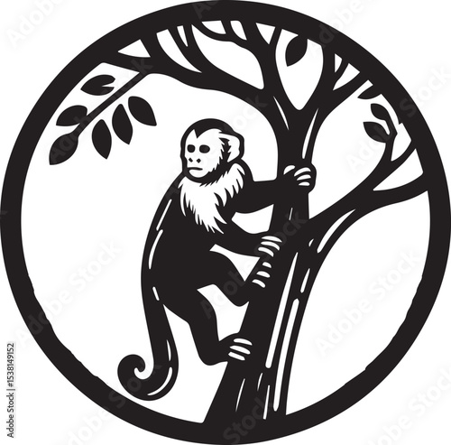 Capuchin Monkey Simple Black and White Vector Illustration