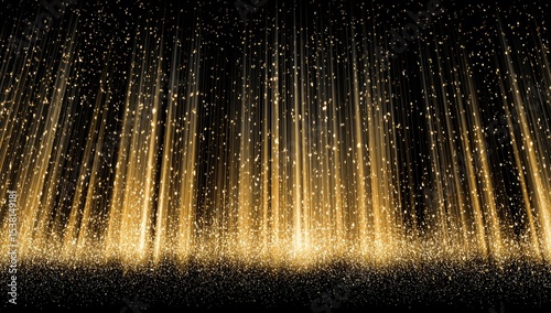 Golden light beams descend from the top, illuminating a dark surface with glittering particles.  The effect is radiant and creates a sense of depth and magic