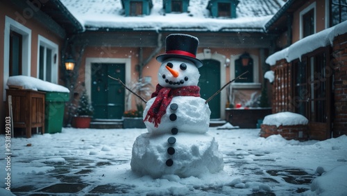 A terrible and ugly snowman made by children in a courtyard on a day of vacation and festive mood against the background of snow.