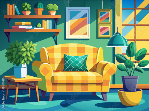 vector of Bright living room interior with a yellow checkered armchair and pillows and a ceramic vase with green flowers next to the sofa.