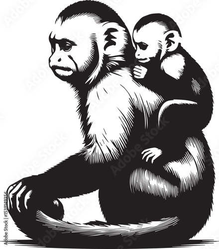 Capuchin Monkey Simple Black and White Vector Illustration