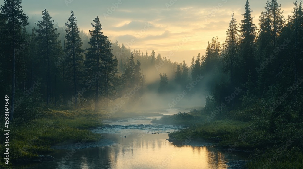 Fototapeta premium serene misty forest at dawn with sunlight piercing through the dense trees and a quiet stream flowing gently, Generative AI