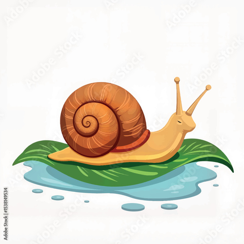 Cute snail resting on green leaf beside water, nature illustration