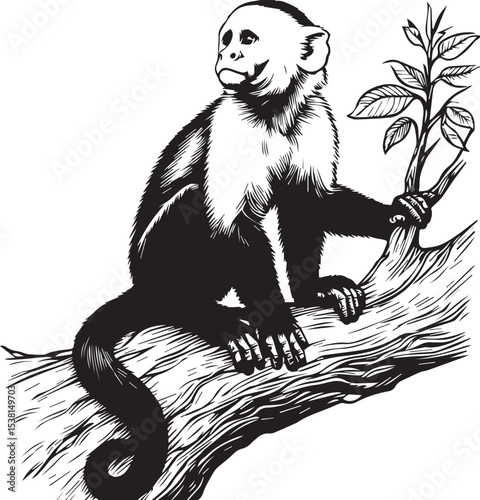 Capuchin Monkey Simple Black and White Vector Illustration