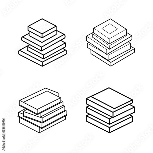Isometric book stacks illustration in black and white demonstrating organization and education concepts