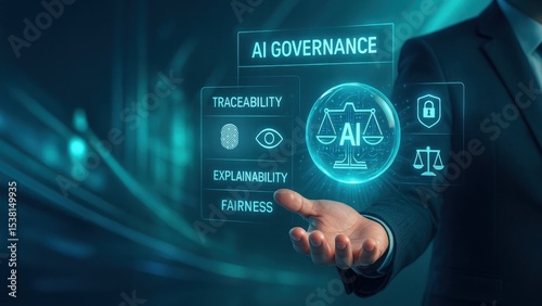 Businessman holding digital ai governance icons, showing leadership and control in tech, concept of ai ethics, governance, legal technology power