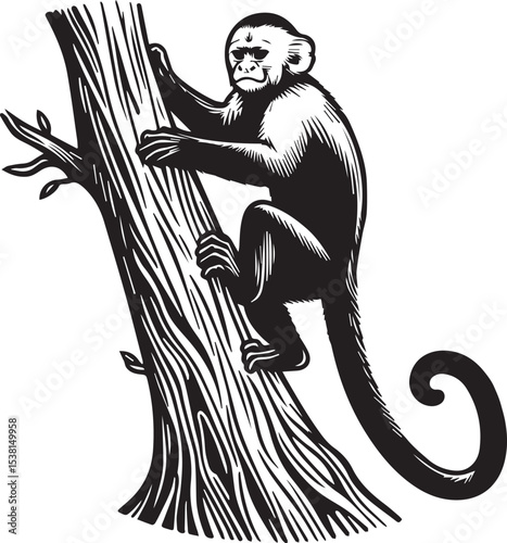 Capuchin Monkey Simple Black and White Vector Illustration