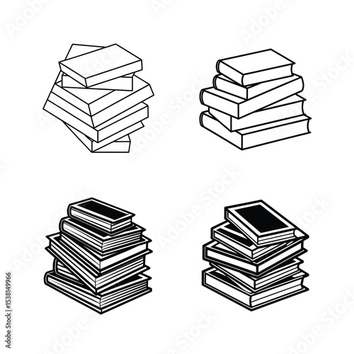 Four different illustrations of stacked books outline in black and white perfect for education
