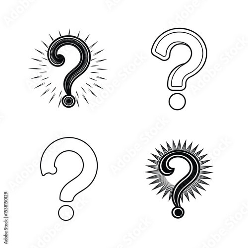 Collection of stylized black question mark designs on white background for graphic projects