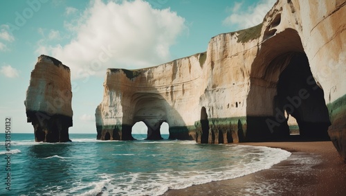 Amazing and unique cliffs formation with sea arches, grottos and smugglers caves, with empty space for text photo