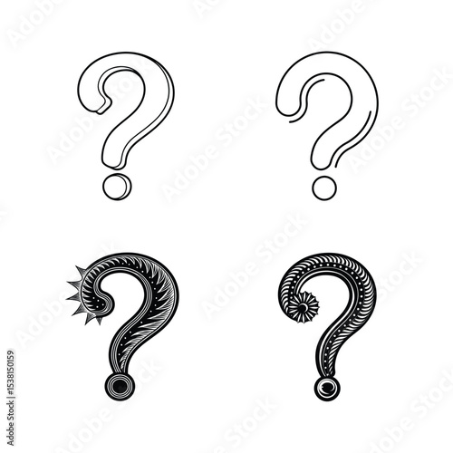 Four stylized question marks in black and white with different design variations