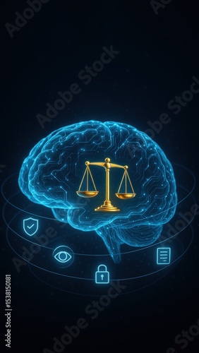 Chrome brain with electric blue lights and ai governance icons, symbol of smart tech and control, concept of ai ethics, governance, digital mind