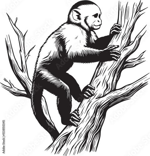 Capuchin Monkey Simple Black and White Vector Illustration