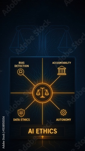Futuristic ethics control panel with glowing gold ai core in center, symbolizing digital law and fairness, concept of ai ethics, governance, legal tech system
