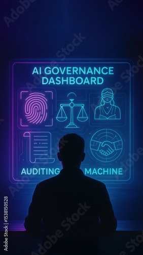 Businessman in modern control room looking at holographic ai governance dashboard, showing legal tech control, concept of ai ethics, governance