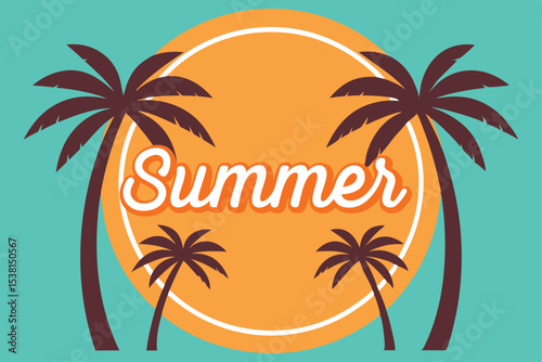 Retro Summer Illustration Palm Trees, Circle, and Text on Teal Background Design