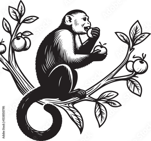 Capuchin Monkey Simple Black and White Vector Illustration
